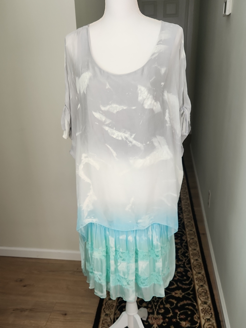 Belle France Silk Ombre Dress XL Italy Boho Romantic Lace Layered Midi - Picture 3 of 16